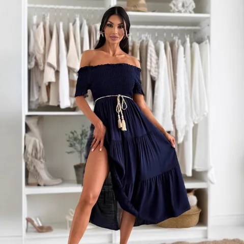 Women Off-the-Shoulder Tiered Maxi Dress Smocked Waist Bohemian Style Summer Vacation Short Sleeve Polyester Dress
