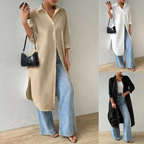 Women's Elegant Solid Color Long Blouse Cardigan With Side Slit Turn-down Collar Seven-point Sleeve Casual Autumn Top