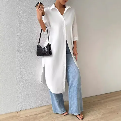 Women's Elegant Solid Color Long Blouse Cardigan With Side Slit Turn-down Collar Seven-point Sleeve Casual Autumn Top