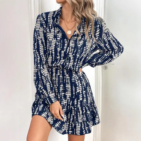 Women Fashion Slim Fit V-Neck Ruffle Hem Long Sleeve Mini Dress Spring Summer Abstract Print Elegant Polyester Casual Dress