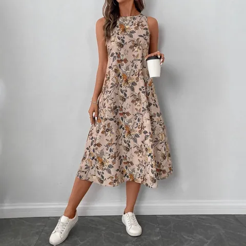 Women's Vintage Floral Print Sleeveless Midi Dress With Pockets Casual Round Neck A-Line Top And Bottom Summer Sun Dress