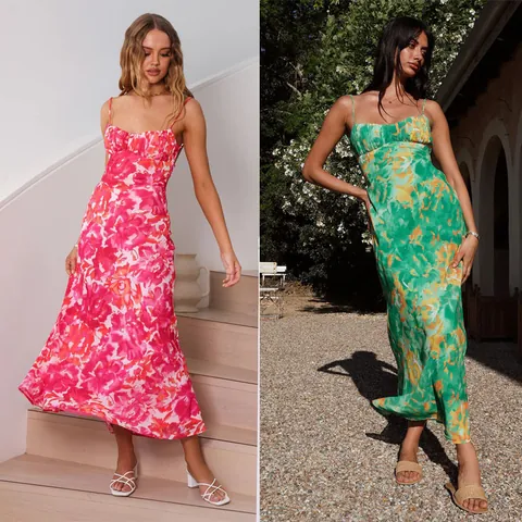 Women French Spaghetti Strap Low-Cut Backless Floral Maxi Dress Summer Sexy Printed Long Sun Dress Elegant Vacation Outfits
