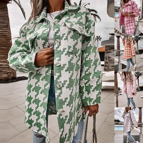 Cappotto da Donna Oversize Pied de Poule in Lana Monopetto Risvolto Manica Lunga Shacket Con Tasche Autunno Inverno Casual Stampato Top