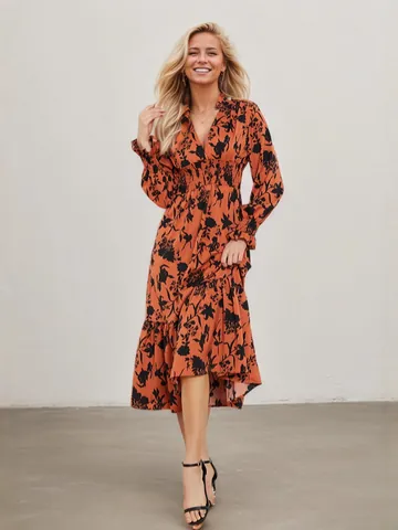 Women Elegant V Neck Smocked Waist Floral Print Midi Dress Long Sleeve Ruffle Hem Polyester Vintage Boho Casual Dress