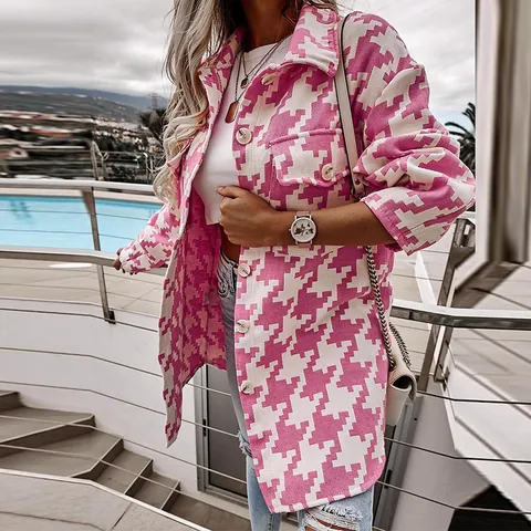 Cappotto da Donna Oversize Pied de Poule in Lana Monopetto Risvolto Manica Lunga Shacket Con Tasche Autunno Inverno Casual Stampato Top