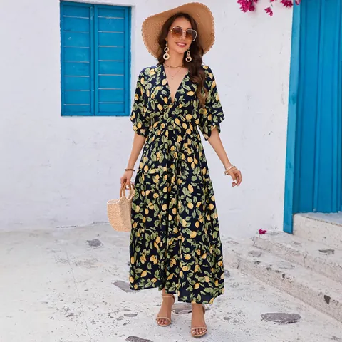 Damen V Ausschnitt Boho Zitronen Print Stufen Maxikleid Fledermausärmel Gesmokte Taille Sommer Urlaub Viskose Kleid