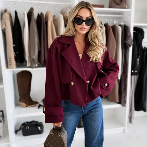 Women's Casual Polyester Solid Color Short Woolen Jacket Elegant Lapel Single Button Autumn Winter Long Sleeve Top Outwear