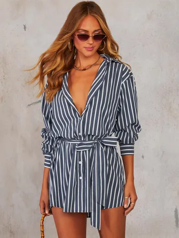 Women Elegant Striped Print V-Neck Shirt Dress Long Sleeve Tie Waist Mini Dress Polyester A-Line Fashion Casual Wear Dress