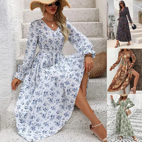 Women V Neck Long Sleeve Floral Print Maxi Dress Elegant Bohemian A-Line Flowy Long Dress Autumn Fashion Casual Party Vacation Dress For Women
