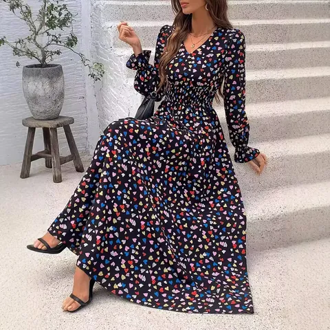Women V Neck Long Sleeve Floral Print Maxi Dress Elegant Bohemian A-Line Flowy Long Dress Autumn Fashion Casual Party Vacation Dress For Women