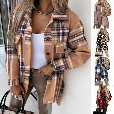 Women Chic Plaid Polyester Woolen Look Coat Lapel Single Breasted Printed Shacket Long Sleeve Outerwear With Waist Belt Jackets