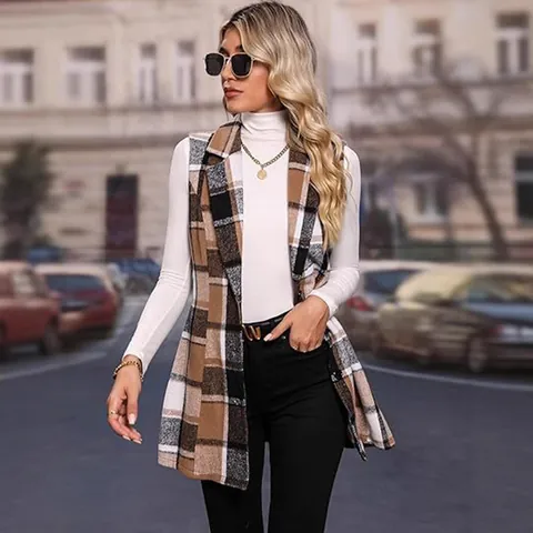 Women's Plaid Suit Vest Elegant Lapel Single-Breasted Printed Sleeveless Jacket Autumn Winter Polyester Top For Office Lady