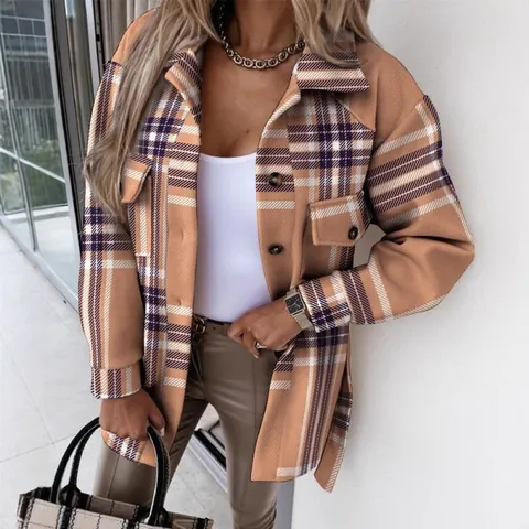 Women Chic Plaid Polyester Woolen Look Coat Lapel Single Breasted Printed Shacket Long Sleeve Outerwear With Waist Belt Jackets
