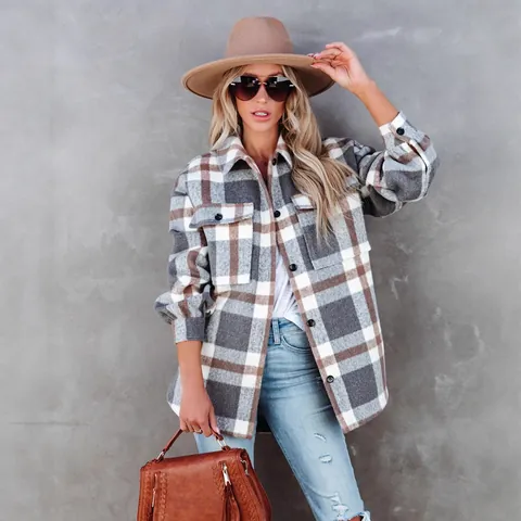 Dames Geruite Flannel Shirtjas Single Breasted Polyester Lange Mouwen Jas Met Zakken Casual Mode Herfst Top Bovenkleding