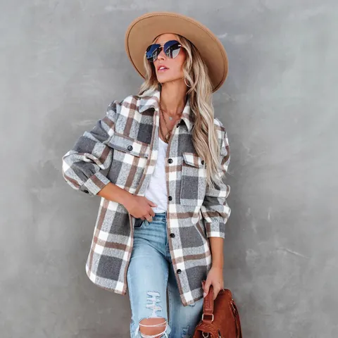 Dames Geruite Flannel Shirtjas Single Breasted Polyester Lange Mouwen Jas Met Zakken Casual Mode Herfst Top Bovenkleding