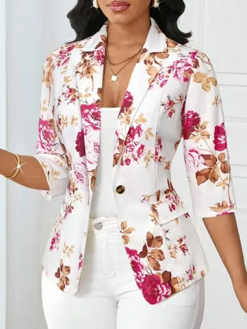 Dames Elegante Blazer met Bloemenprint Polyester Driekwart Mouw Top Casual Veelzijdige Bovenkleding Voor Herfst Winter