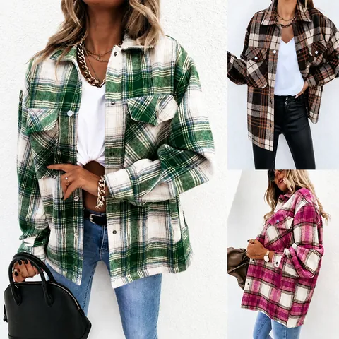Giacca Camicia a Quadri Vintage da Donna Monopetto Risvolto Maniche Lunghe Shacket Plaid Autunno Inverno Capispalla Casual Poliestere