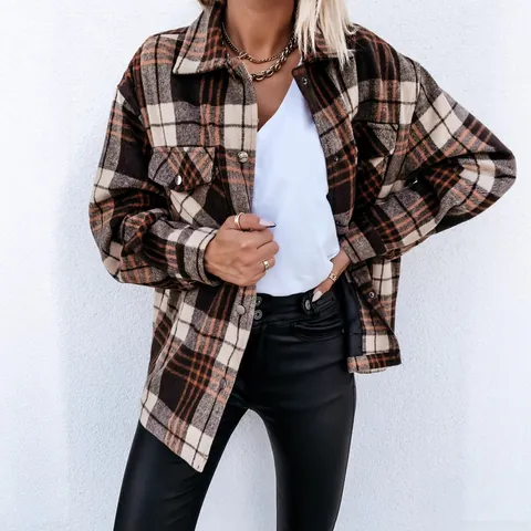 Giacca Camicia a Quadri Vintage da Donna Monopetto Risvolto Maniche Lunghe Shacket Plaid Autunno Inverno Capispalla Casual Poliestere
