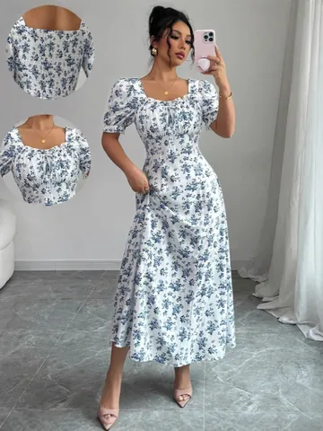 Femme Élégante Robe Longue Florale à Volants Col Carré Été Manches Bouffantes Froncée Coupe en A Boho Robe Midi Pour Vacances Plage