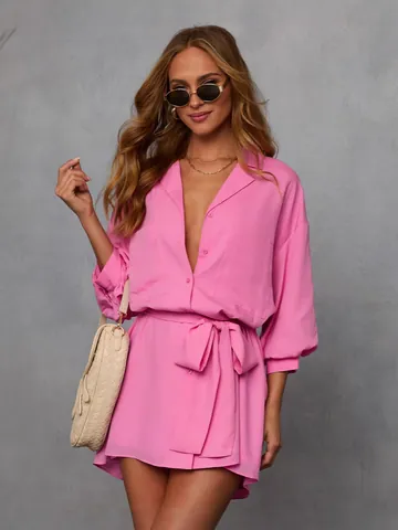 Women's Shirt Dress Elegant Long Sleeve Tie Waist Solid Color Polyester Fashion Mini Dress Office Party Top And Bottom