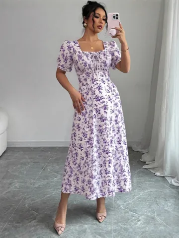 Femme Élégante Robe Longue Florale à Volants Col Carré Été Manches Bouffantes Froncée Coupe en A Boho Robe Midi Pour Vacances Plage