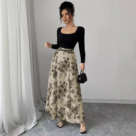 Women Elegant Floral Print Square Neck Patchwork Long Sleeve Maxi Dress Lace-up Slim Fit Vintage Commuter Spring Autumn Dress