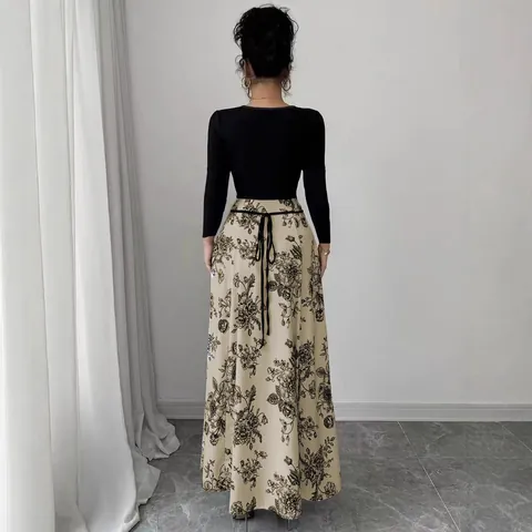 Women Elegant Floral Print Square Neck Patchwork Long Sleeve Maxi Dress Lace-up Slim Fit Vintage Commuter Spring Autumn Dress