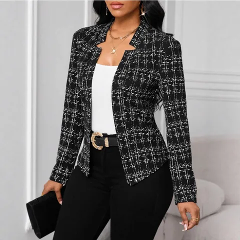 Damen Slim Fit Karo Print Blazer Jacke Revers Offene Front Langarm Casual Büro Arbeit Kleidung Top Oberbekleidung