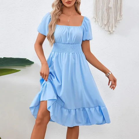Women Square Neck Puff Sleeve Ruffle A-Line Dress Smocked High Waist Solid Color Floral Printed Summer Vacation Midi Dress