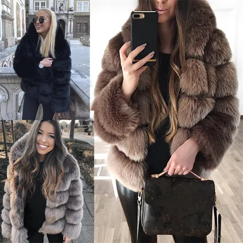 Abrigo con Capucha de Piel Sintética Elegante para Mujer Chaqueta Cálida con Empalme de Rayas Horizontales Ropa de Abrigo de Felpa de Otoño e Invierno