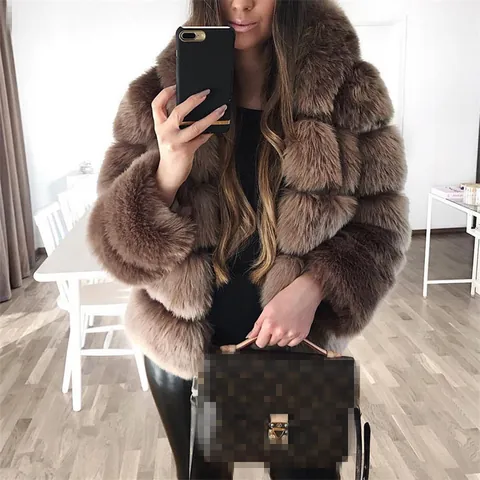 Abrigo con Capucha de Piel Sintética Elegante para Mujer Chaqueta Cálida con Empalme de Rayas Horizontales Ropa de Abrigo de Felpa de Otoño e Invierno