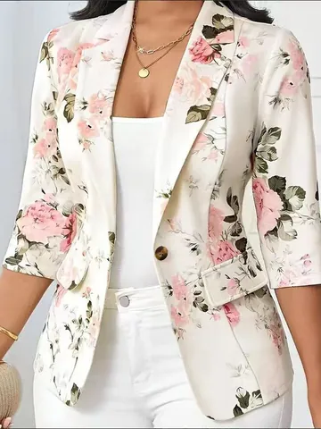 Dames Elegante Blazer met Bloemenprint Polyester Driekwart Mouw Top Casual Veelzijdige Bovenkleding Voor Herfst Winter