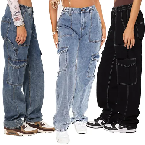 Damen High Waist Cargo Jeans Weites Bein Hose Polyester Baumwolle Mehrfachtaschen Elastischer Bund Kontrastnaht Denim Streetwear