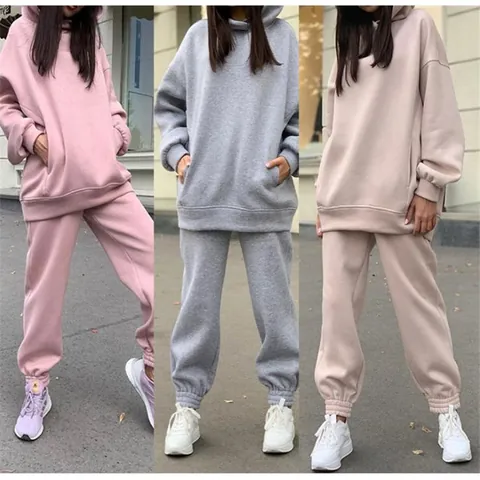 Women Oversized Hoodie And Joggers Sportswear Top And Bottom Casual Solid Color Polyester Tracksuit Lounge Wear