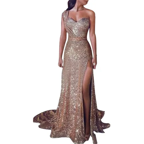 Women Sexy One Shoulder Sequin Evening Dress Elegant High Slit Maxi Prom Gown Bronzing Polyester Long Dress For Banquet Party