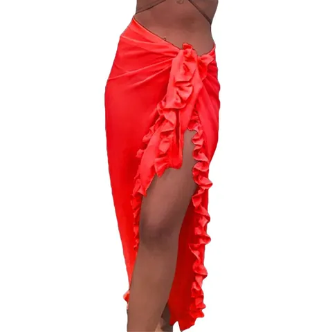 Women Sexy Ruffle Beach Sarong Polyester Wrap Skirt High Slit Sun Protection Spliced Solid Color Irregular Summer Bottom