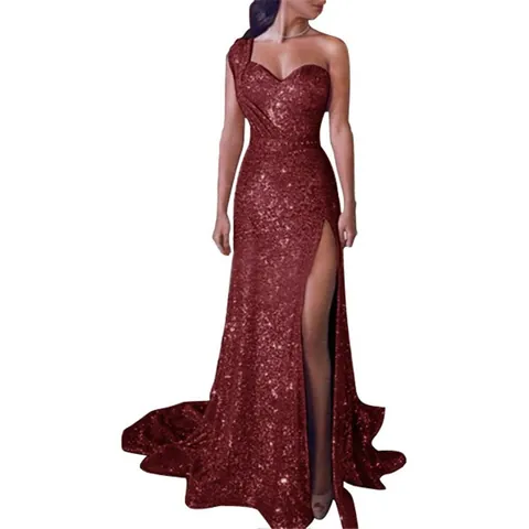 Women Sexy One Shoulder Sequin Evening Dress Elegant High Slit Maxi Prom Gown Bronzing Polyester Long Dress For Banquet Party