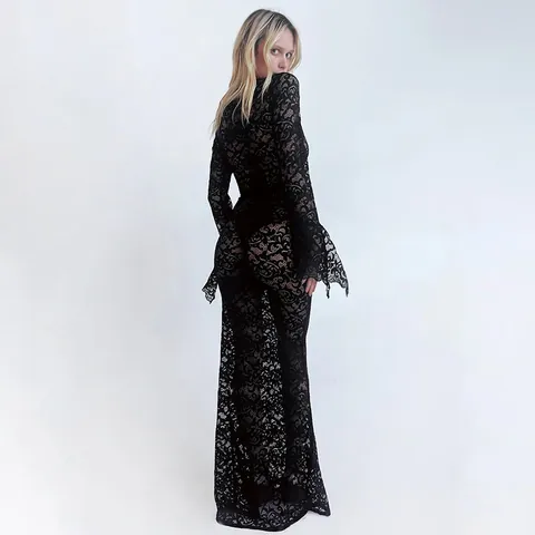 Damen Sexy V-Ausschnitt Spitze Maxi Kleid Mode Glockenärmel Einfarbig Schlanke Passform Bodenlang Party Abendkleid