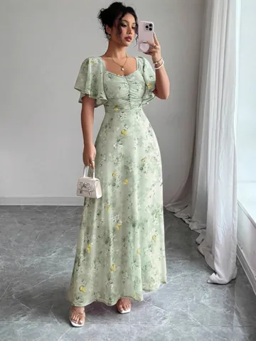 Women Floral Butterfly Print Flutter Sleeve Maxi Dress Polyester Smocked V Neck Ruffle Hem Slim Fit Summer Elegant Chiffon Gown
