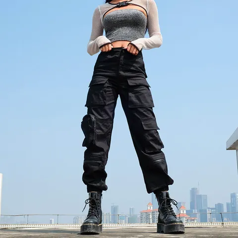 Damen Streetwear Cargohose Polyester Mehrere Taschen Hohe Taille Locker Lange Hose Lässig Hip Hop Unterteil