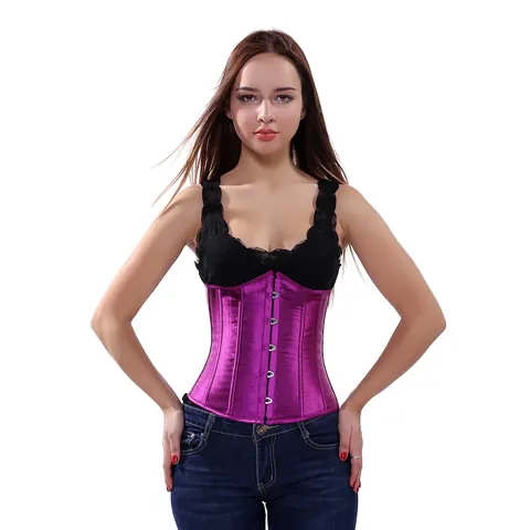 Women's Sexy Satin Corset Body Shaper Tummy Control Vintage Overbust Bustier With Front Metal Busk Closure Waist Trainer