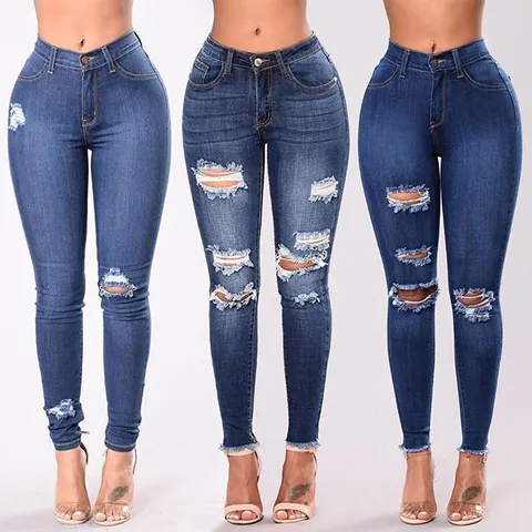 Vaqueros Ajustados Rotos de Talle Alto para Mujer Pantalones de Mezclilla Elásticos de Poliéster y Algodón con Dobladillo Deshilachado Streetwear