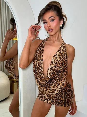 Women Sexy Leopard Print Sequin Two-Piece Set Halter Backless Cowl Neck Top And Mini Skirt Party Clubwear Outfit
