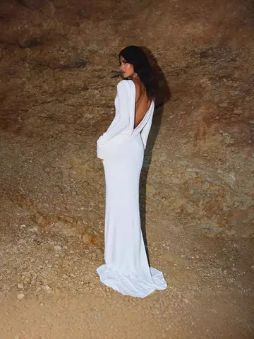 Damen Cowl Back Maxi Kleid Langarm Rückenfrei Gerafft Bodycon Elegant Slim Fit Herbst Abend Party Formales Langes Kleid