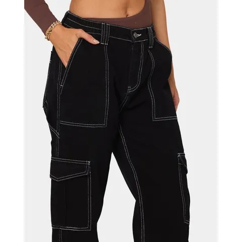 Damen High Waist Cargo Jeans Weites Bein Hose Polyester Baumwolle Mehrfachtaschen Elastischer Bund Kontrastnaht Denim Streetwear
