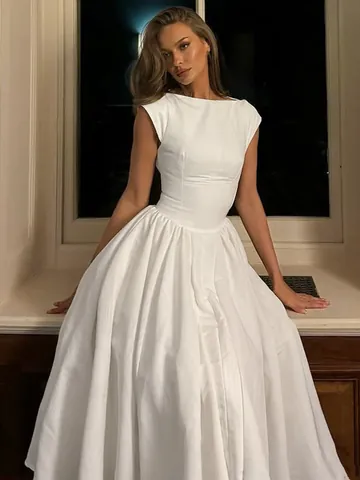 Damen Französisch Elegant Schlank Passform Rückenfrei Flügelärmel Hohe Taille Regenschirm Midi Kleid Einfarbig Polyester Spandex Partykleid