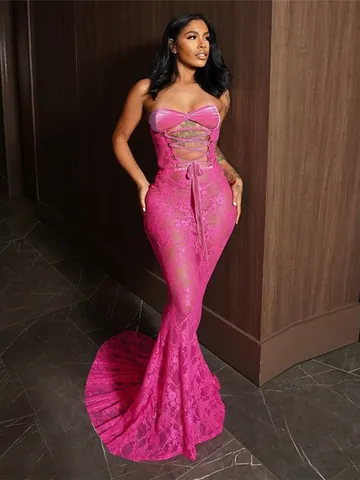 Damen Elegant Trägerlos Schnürung Hohl Maxi Kleid Sexy Netz Durchsichtig Bodycon Lang Kleid Party Clubwear