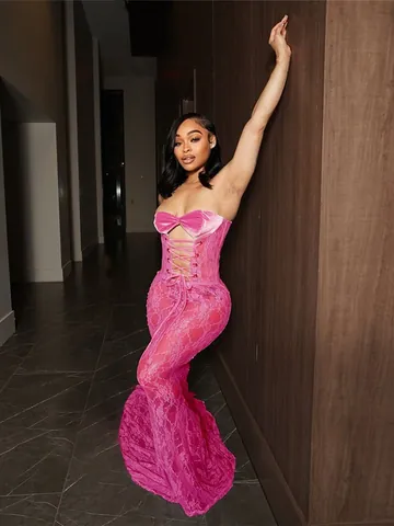 Damen Elegant Trägerlos Schnürung Hohl Maxi Kleid Sexy Netz Durchsichtig Bodycon Lang Kleid Party Clubwear