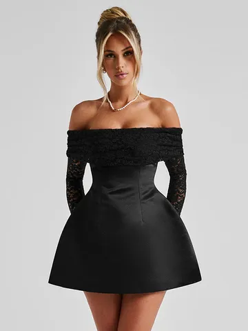 Elegant Women Off Shoulder Jacquard Lace Patchwork Mini Dress Long Sleeve Slim Fit Flare Skater Skirt Evening Party Dress