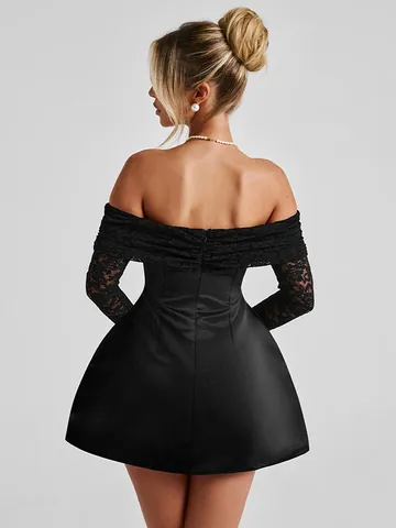 Elegant Women Off Shoulder Jacquard Lace Patchwork Mini Dress Long Sleeve Slim Fit Flare Skater Skirt Evening Party Dress